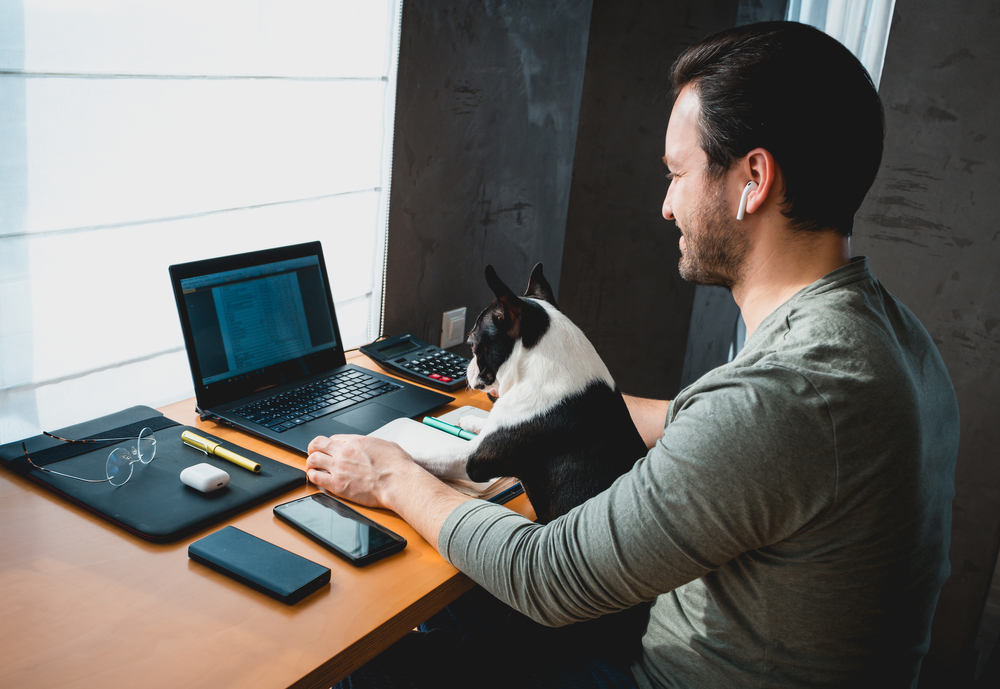 man working remote on a laptop with a dog on his lap
